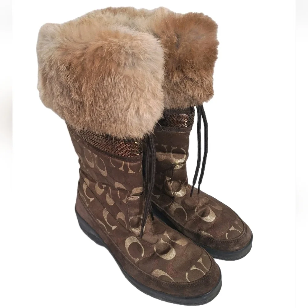 Coach Lizzie Signature Winter Fur Trim Boots Brown Gold Metallic C Size 7 A7048
